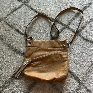 B Makowsky crossbody bag leather tan brown tassel studded purse bag